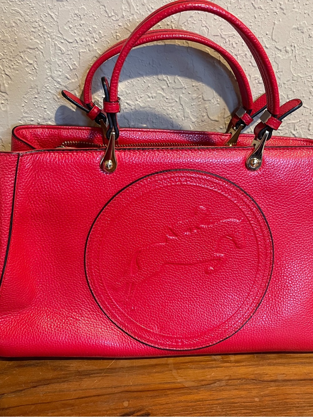 Red Leather Tote Handbag with Embossed Logo by Tucker Tweed